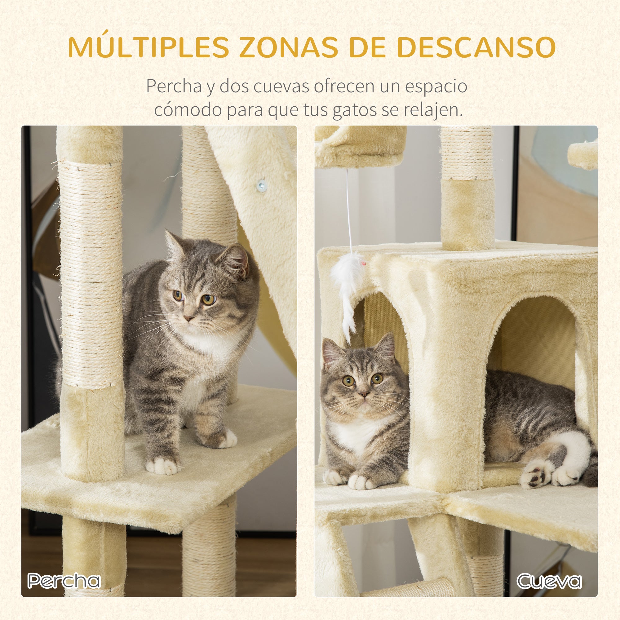 Large Cat Scratching Tree 60x50x181 cm with Multiple Scratching Posts Platforms Stairs Caves Toys Activity Center Beige