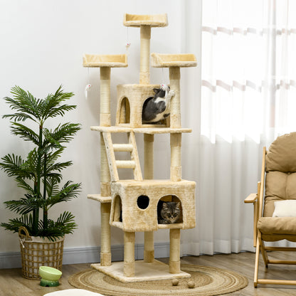 Large Cat Scratching Tree 60x50x181 cm with Multiple Scratching Posts Platforms Stairs Caves Toys Activity Center Beige