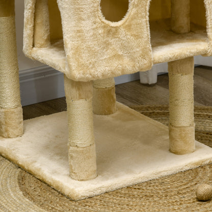 Large Cat Scratching Tree 60x50x181 cm with Multiple Scratching Posts Platforms Stairs Caves Toys Activity Center Beige