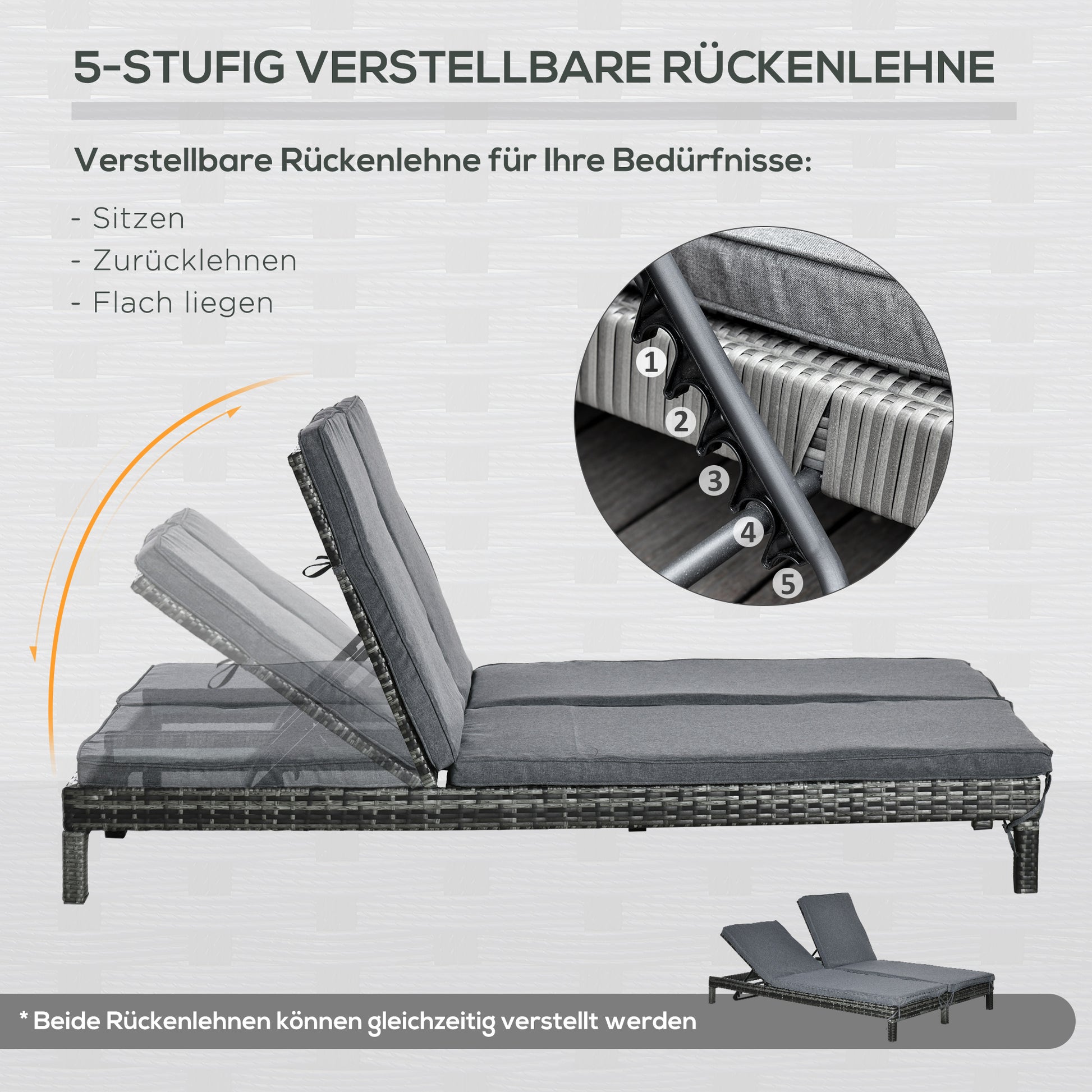Poly Rattan Double Lounger Sun Lounger Garden Lounger for 2 Persons Relax Lounger Luxury Lounge 5-level Backrest Metal PE Rattan Grey 196 x 120 x 28 cm