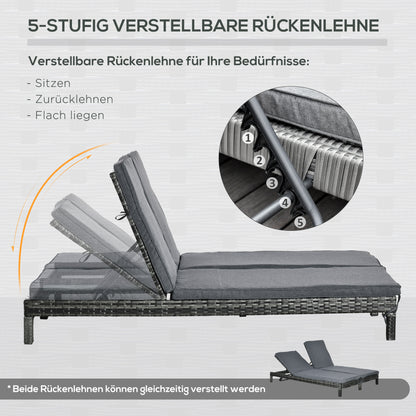 Poly Rattan Double Lounger Sun Lounger Garden Lounger for 2 Persons Relax Lounger Luxury Lounge 5-level Backrest Metal PE Rattan Grey 196 x 120 x 28 cm