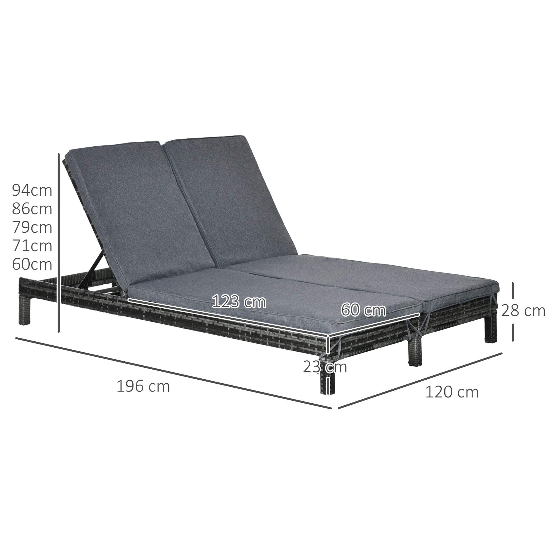 Poly Rattan Double Lounger Sun Lounger Garden Lounger for 2 Persons Relax Lounger Luxury Lounge 5-level Backrest Metal PE Rattan Grey 196 x 120 x 28 cm