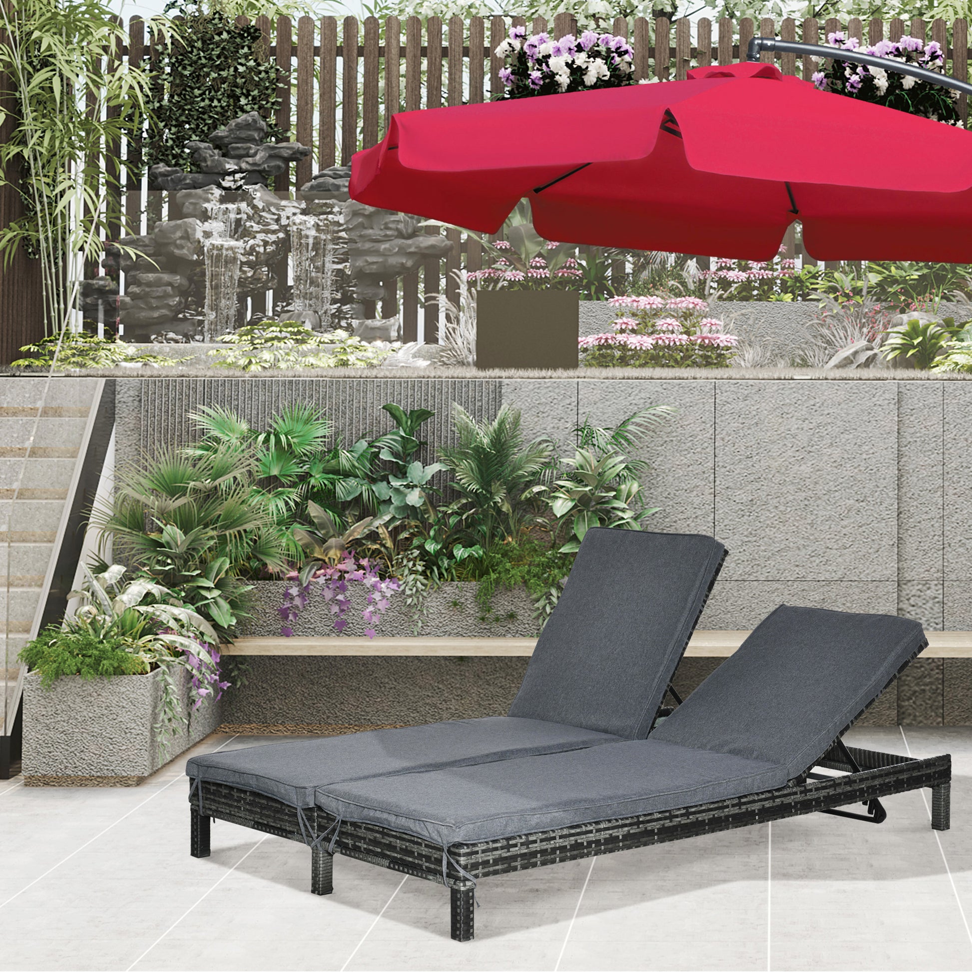 Poly Rattan Double Lounger Sun Lounger Garden Lounger for 2 Persons Relax Lounger Luxury Lounge 5-level Backrest Metal PE Rattan Grey 196 x 120 x 28 cm