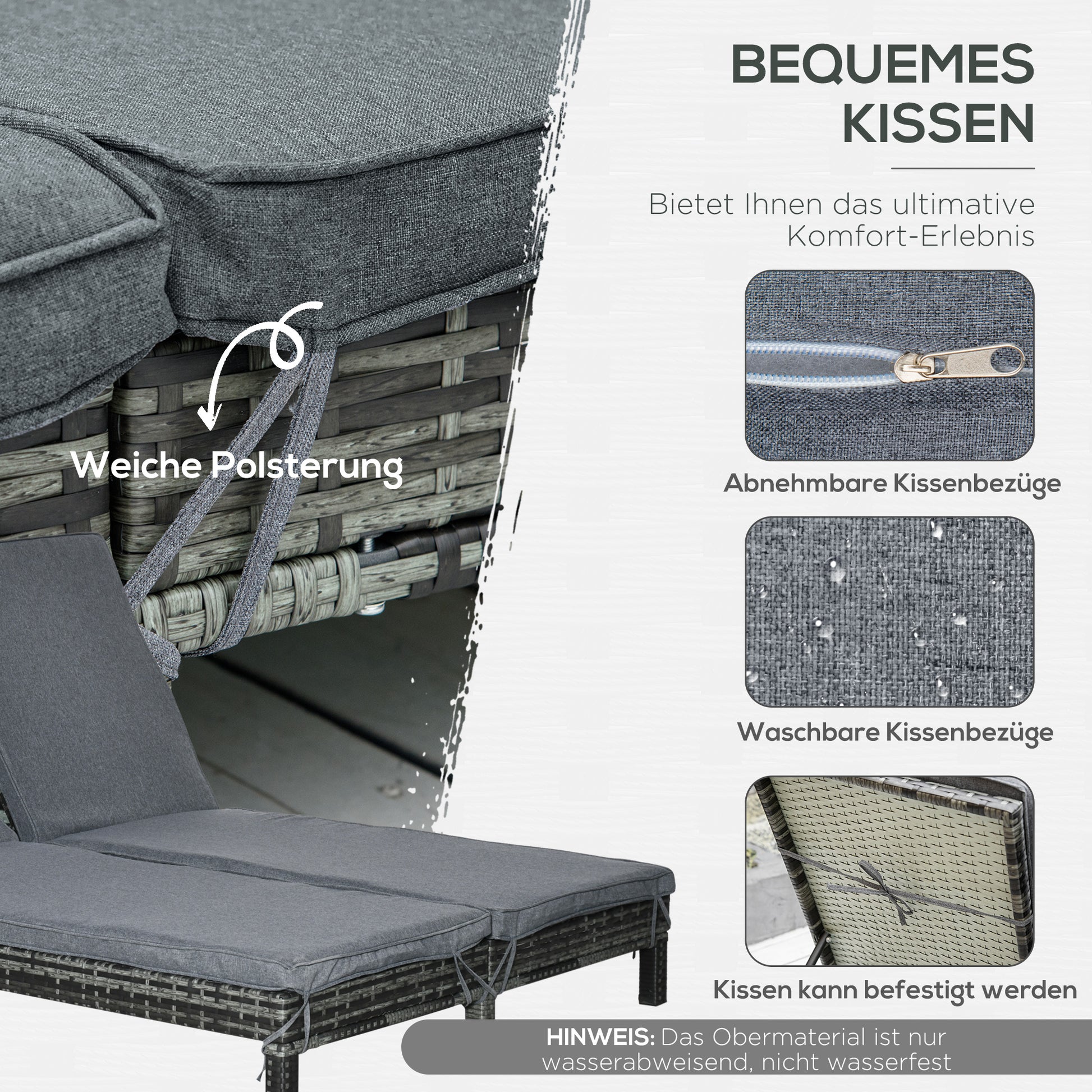 Poly Rattan Double Lounger Sun Lounger Garden Lounger for 2 Persons Relax Lounger Luxury Lounge 5-level Backrest Metal PE Rattan Grey 196 x 120 x 28 cm