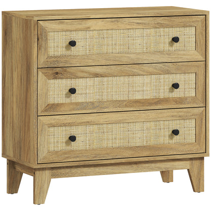 Chest of Drawers with 3 Drawers Narrow Bedroom Dresser with Rattan Fronts and Raised Legs Dresser for Living Room Office 80x35x76 cm Natural