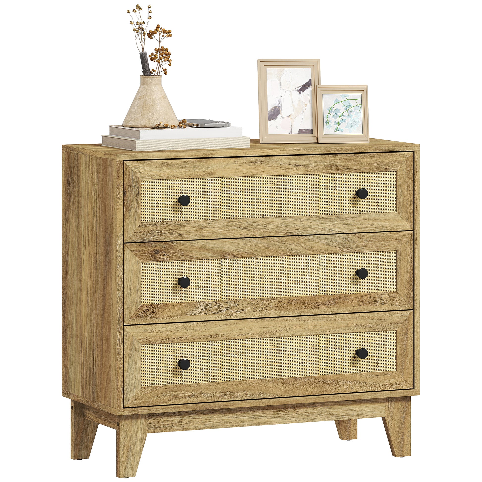 Chest of Drawers with 3 Drawers Narrow Bedroom Dresser with Rattan Fronts and Raised Legs Dresser for Living Room Office 80x35x76 cm Natural