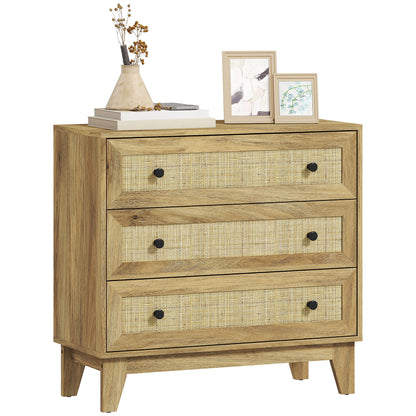 Chest of Drawers with 3 Drawers Narrow Bedroom Dresser with Rattan Fronts and Raised Legs Dresser for Living Room Office 80x35x76 cm Natural
