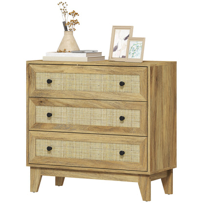 Chest of Drawers with 3 Drawers Narrow Bedroom Dresser with Rattan Fronts and Raised Legs Dresser for Living Room Office 80x35x76 cm Natural