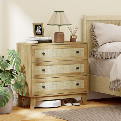 Chest of Drawers with 3 Drawers Narrow Bedroom Dresser with Rattan Fronts and Raised Legs Dresser for Living Room Office 80x35x76 cm Natural