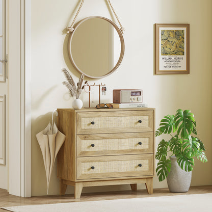Chest of Drawers with 3 Drawers Narrow Bedroom Dresser with Rattan Fronts and Raised Legs Dresser for Living Room Office 80x35x76 cm Natural