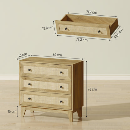 Chest of Drawers with 3 Drawers Narrow Bedroom Dresser with Rattan Fronts and Raised Legs Dresser for Living Room Office 80x35x76 cm Natural