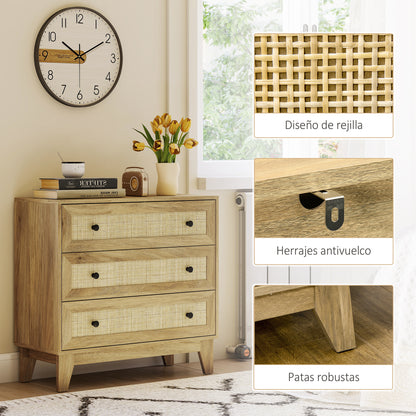 Chest of Drawers with 3 Drawers Narrow Bedroom Dresser with Rattan Fronts and Raised Legs Dresser for Living Room Office 80x35x76 cm Natural