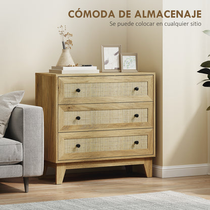 Chest of Drawers with 3 Drawers Narrow Bedroom Dresser with Rattan Fronts and Raised Legs Dresser for Living Room Office 80x35x76 cm Natural