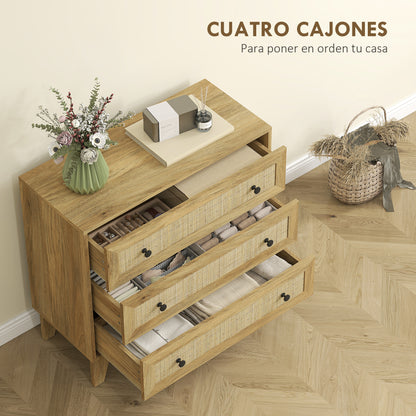 Chest of Drawers with 3 Drawers Narrow Bedroom Dresser with Rattan Fronts and Raised Legs Dresser for Living Room Office 80x35x76 cm Natural