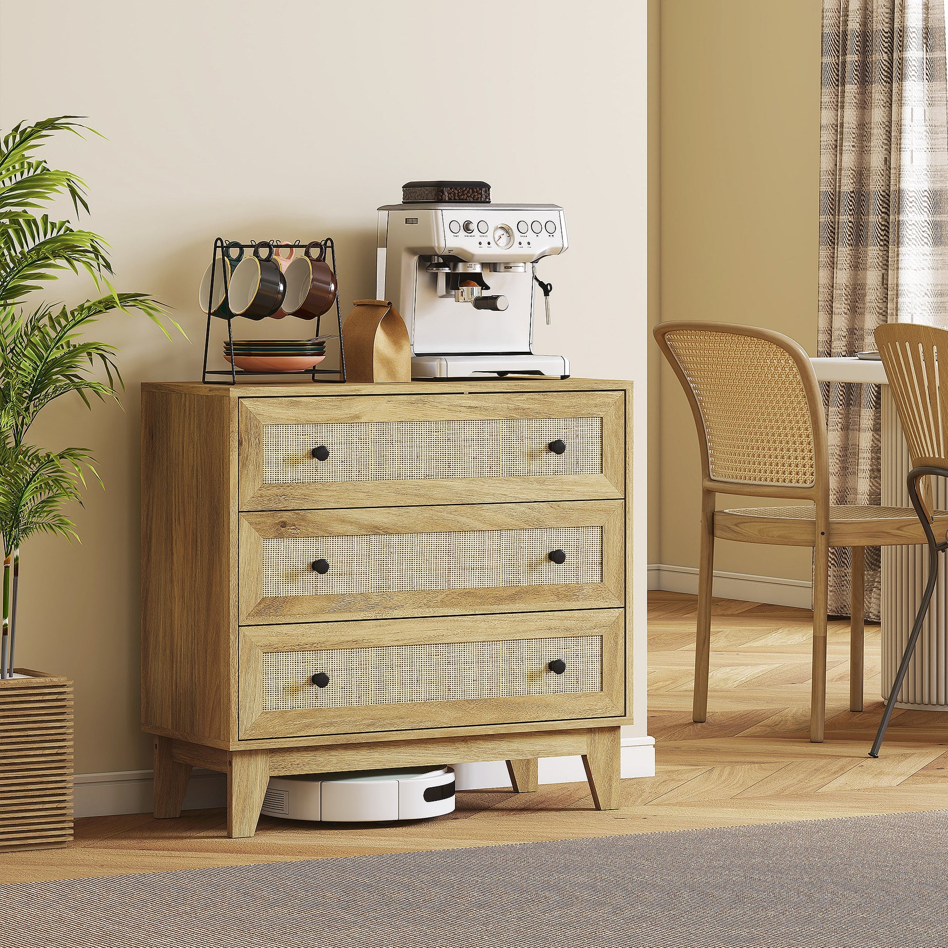 Chest of Drawers with 3 Drawers Narrow Bedroom Dresser with Rattan Fronts and Raised Legs Dresser for Living Room Office 80x35x76 cm Natural
