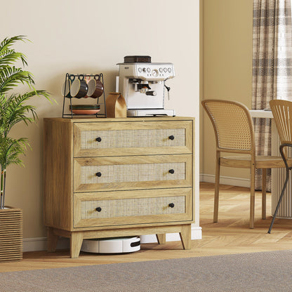 Chest of Drawers with 3 Drawers Narrow Bedroom Dresser with Rattan Fronts and Raised Legs Dresser for Living Room Office 80x35x76 cm Natural