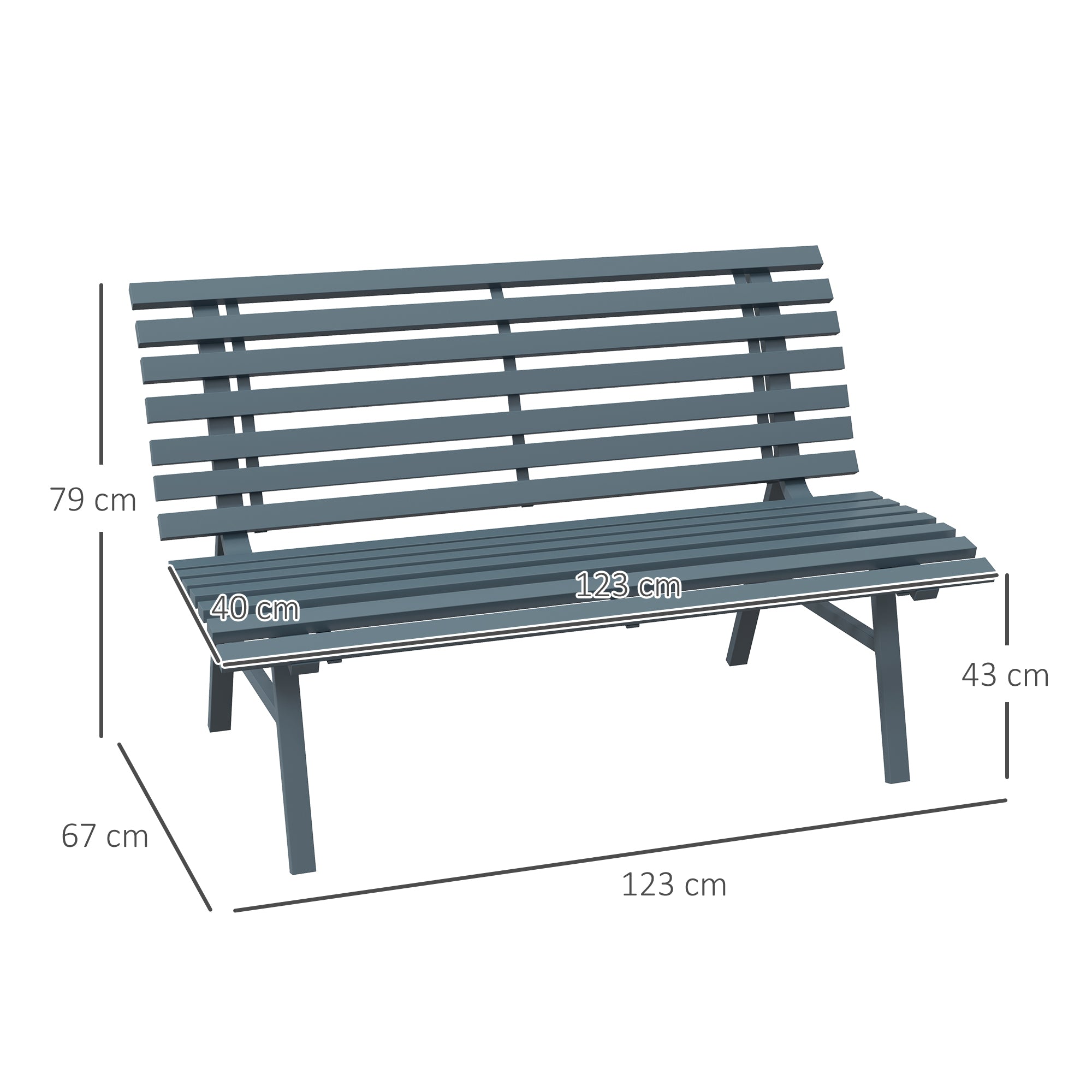 2-Seater Aluminum Garden Bench, Weatherproof Bench, UV Resistant Garden Furniture with Slatted Design, Park Bench 240kg Load Capacity, Balcony Bench for Balcony Terrace, Garden, 123x67x79cm, Blue