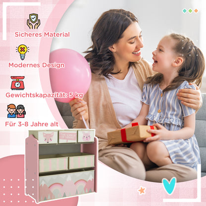 ZONEKIZ Kids Bookcase — Toy Organizer with 6 Removable Non-Woven Fabric Bins, Pink, 63 x 30 x 66 cm (24.8 x 11.8 x 26.0 in)