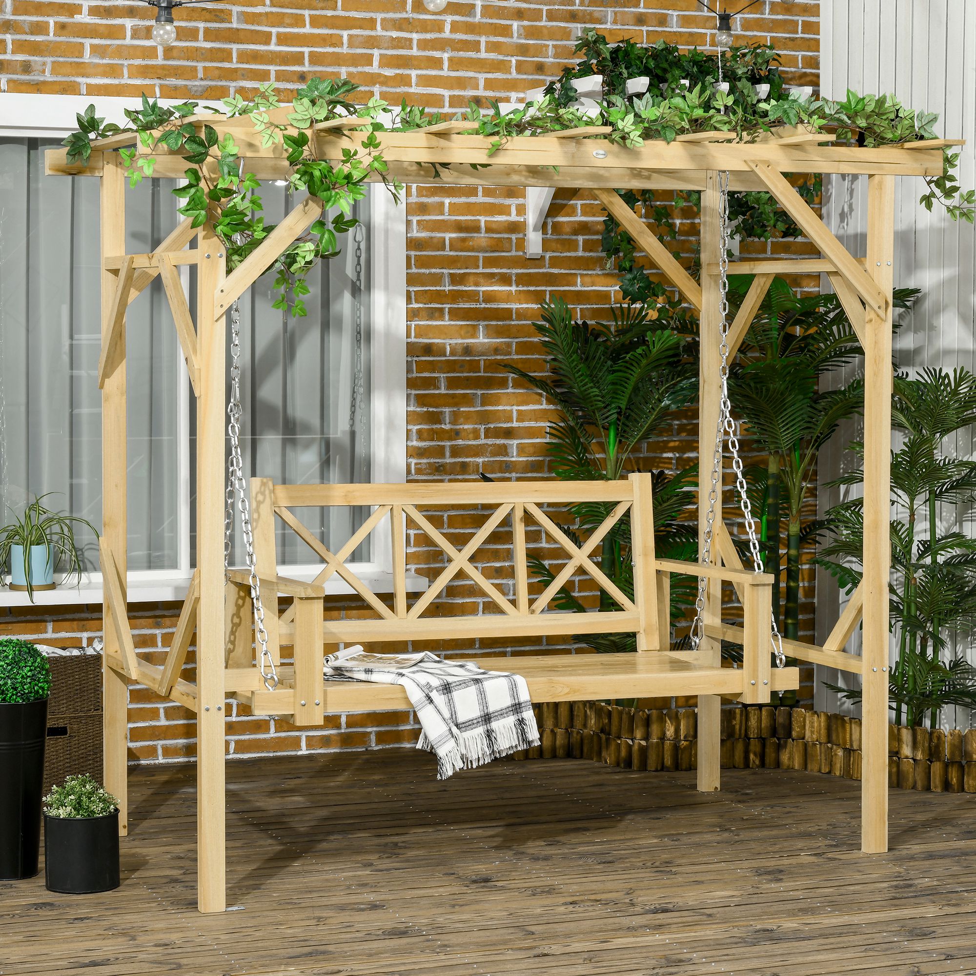 Hollywood Swing Bench with Pergola, 2-Seater Garden Swing, Weather-Resistant Bench for Garden, Balcony, Solid Wood, Natural, 221 x 140 x 196 cm