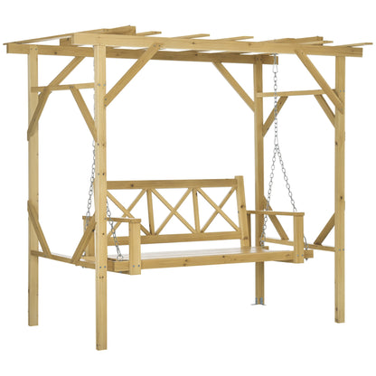 Hollywood Swing Bench with Pergola, 2-Seater Garden Swing, Weather-Resistant Bench for Garden, Balcony, Solid Wood, Natural, 221 x 140 x 196 cm