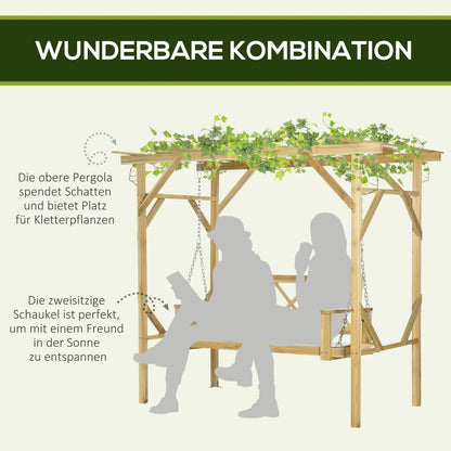 Hollywood Swing Bench with Pergola, 2-Seater Garden Swing, Weather-Resistant Bench for Garden, Balcony, Solid Wood, Natural, 221 x 140 x 196 cm