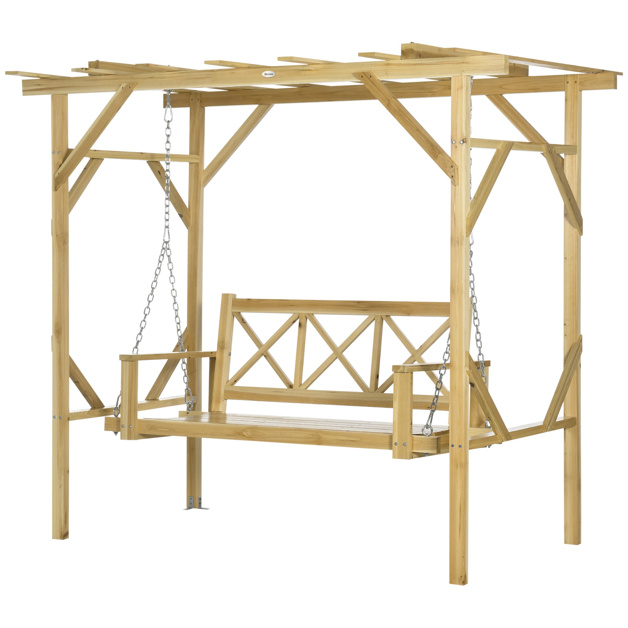 Hollywood Swing Bench with Pergola, 2-Seater Garden Swing, Weather-Resistant Bench for Garden, Balcony, Solid Wood, Natural, 221 x 140 x 196 cm