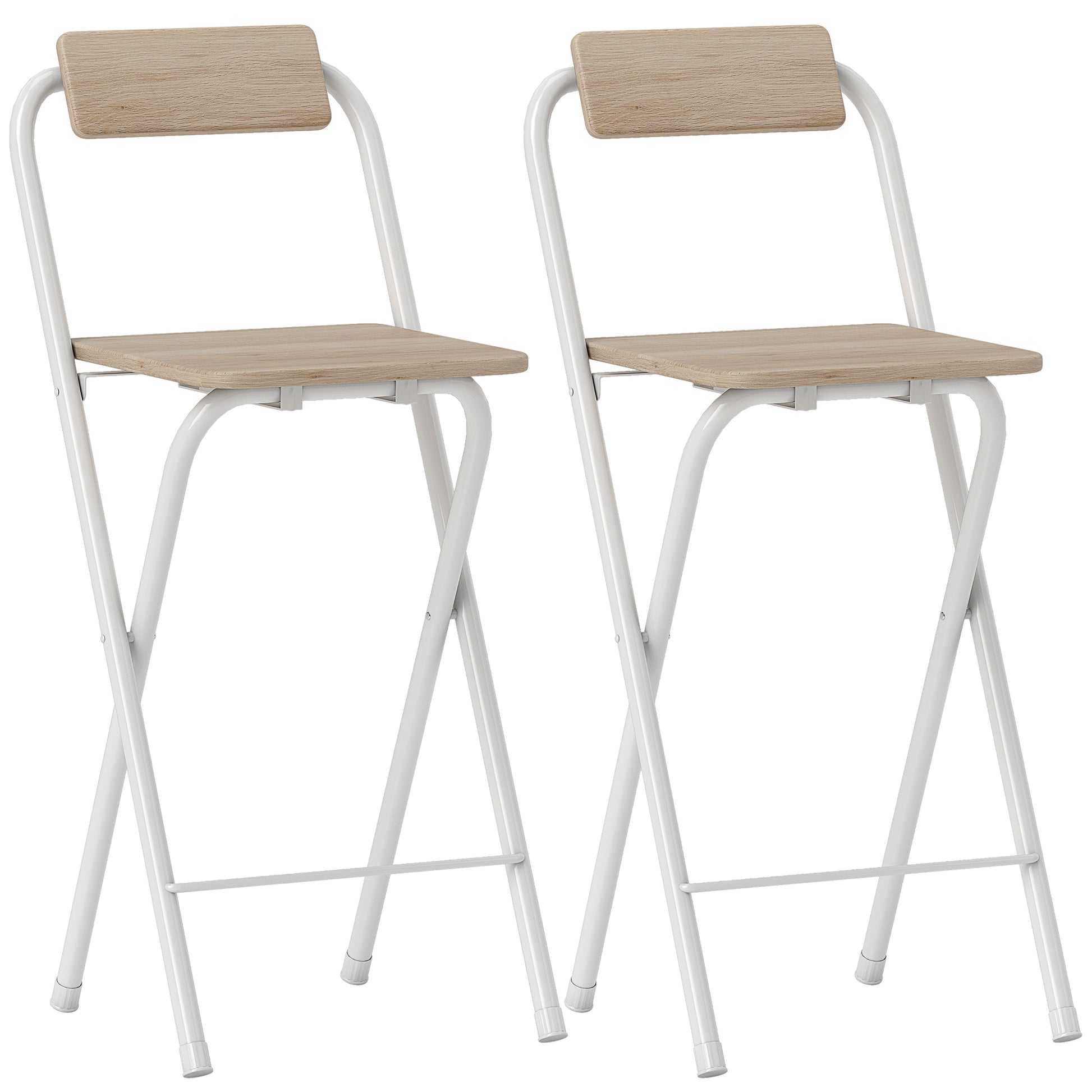 Set of 2 foldable bar stools, bar chairs, high kitchen chair with backrest and footrest, steel frame, 87 cm tall, natural wood effect