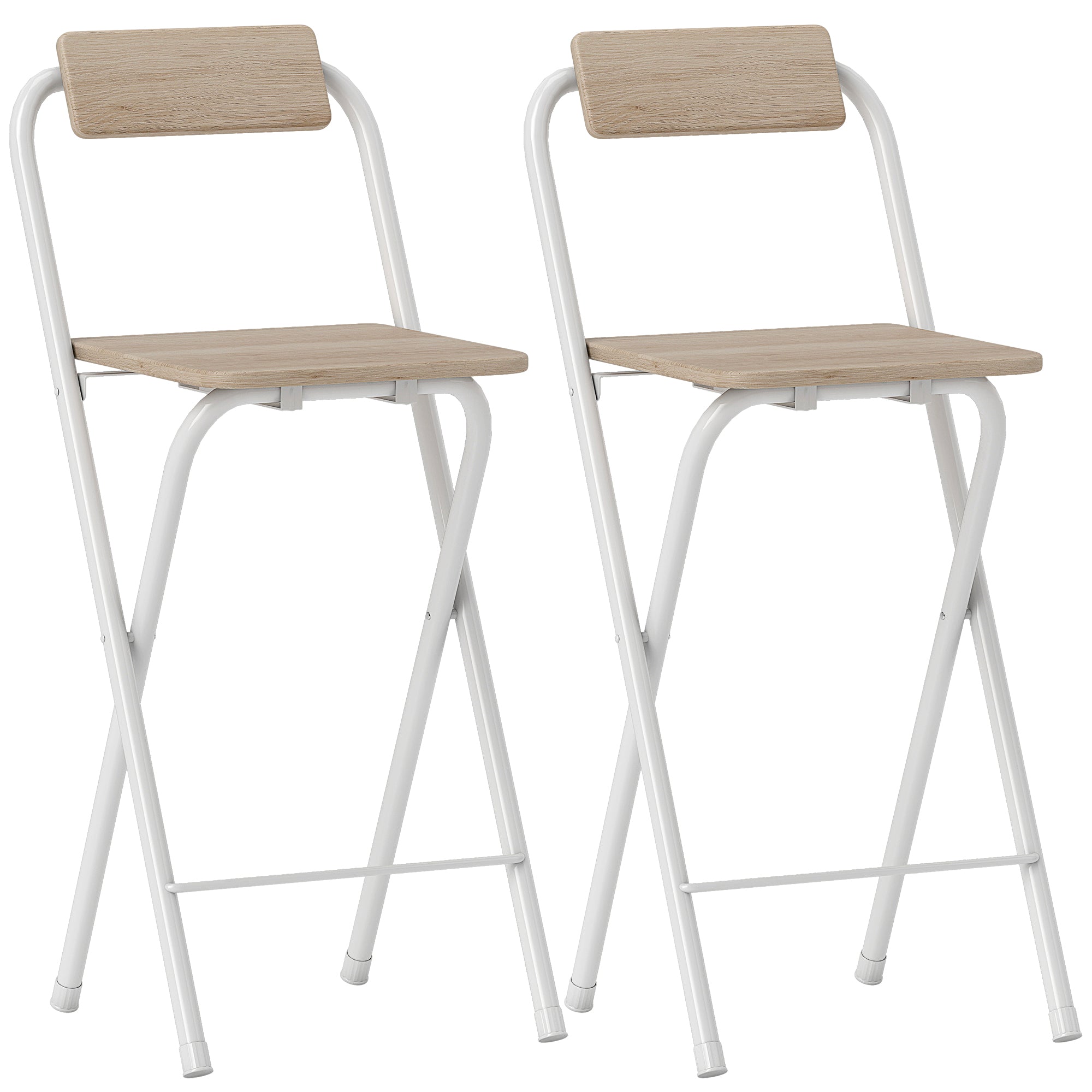 Set of 2 foldable bar stools, bar chairs, high kitchen chair with backrest and footrest, steel frame, 87 cm tall, natural wood effect