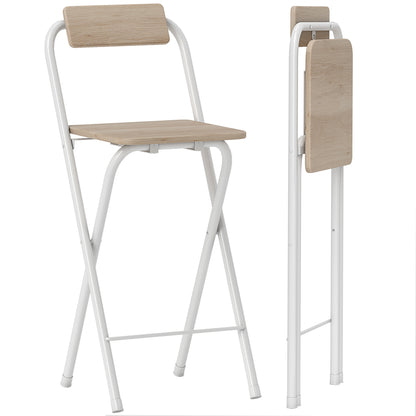 Set of 2 foldable bar stools, bar chairs, high kitchen chair with backrest and footrest, steel frame, 87 cm tall, natural wood effect