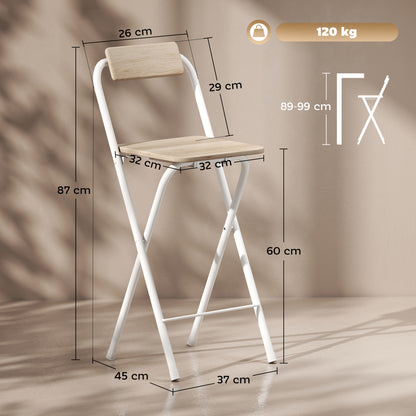 Set of 2 foldable bar stools, bar chairs, high kitchen chair with backrest and footrest, steel frame, 87 cm tall, natural wood effect