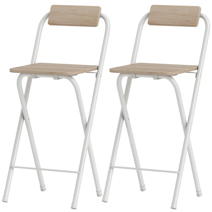 Set of 2 foldable bar stools, bar chairs, high kitchen chair with backrest and footrest, steel frame, 87 cm tall, natural wood effect
