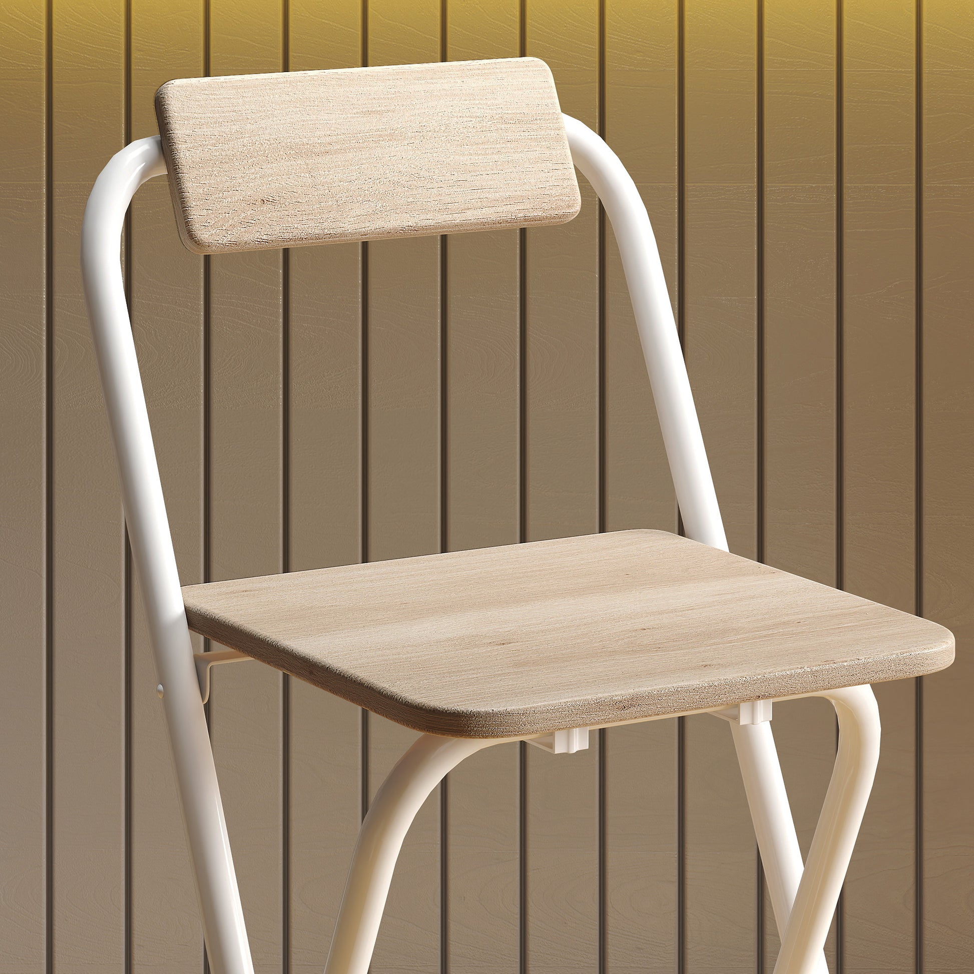 Set of 2 foldable bar stools, bar chairs, high kitchen chair with backrest and footrest, steel frame, 87 cm tall, natural wood effect