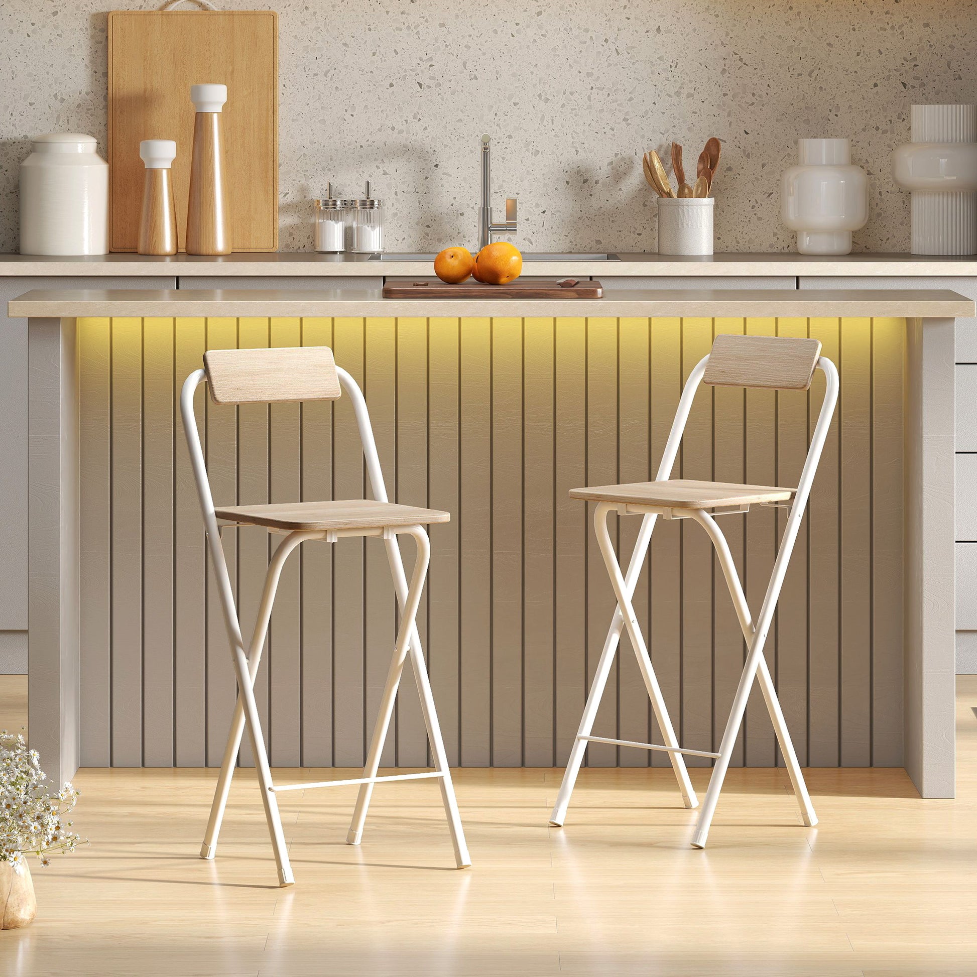 Set of 2 foldable bar stools, bar chairs, high kitchen chair with backrest and footrest, steel frame, 87 cm tall, natural wood effect