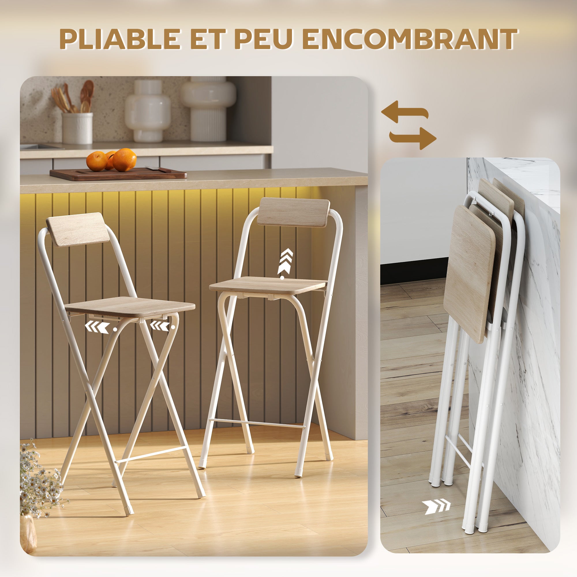 Set of 2 foldable bar stools, bar chairs, high kitchen chair with backrest and footrest, steel frame, 87 cm tall, natural wood effect
