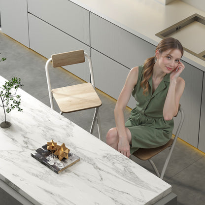 Set of 2 foldable bar stools, bar chairs, high kitchen chair with backrest and footrest, steel frame, 87 cm tall, natural wood effect