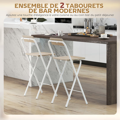 Set of 2 foldable bar stools, bar chairs, high kitchen chair with backrest and footrest, steel frame, 87 cm tall, natural wood effect
