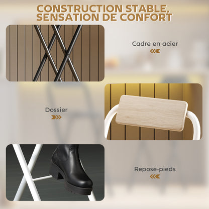 Set of 2 foldable bar stools, bar chairs, high kitchen chair with backrest and footrest, steel frame, 87 cm tall, natural wood effect