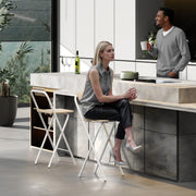 Set of 2 foldable bar stools, bar chairs, high kitchen chair with backrest and footrest, steel frame, 87 cm tall, natural wood effect