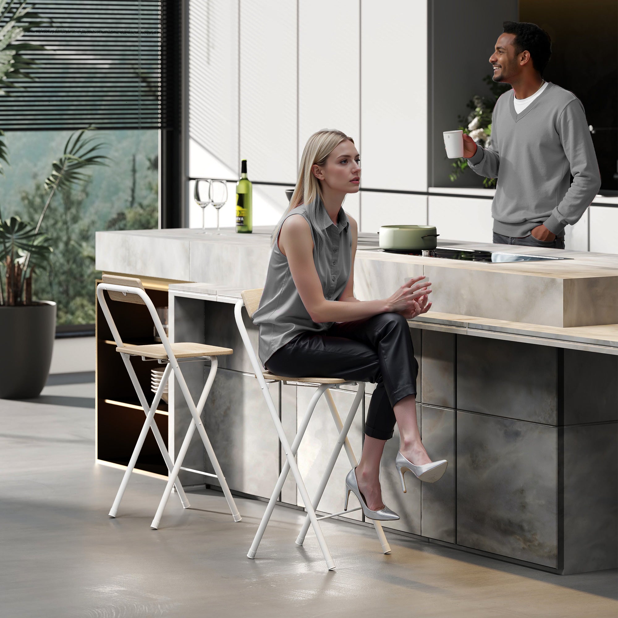 Set of 2 foldable bar stools, bar chairs, high kitchen chair with backrest and footrest, steel frame, 87 cm tall, natural wood effect