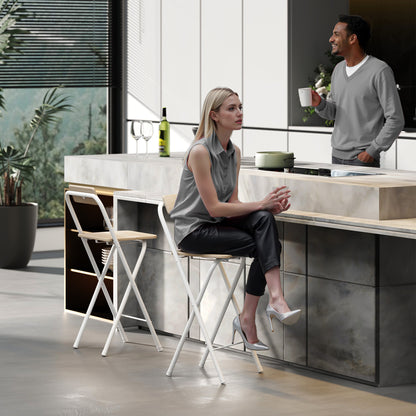 Set of 2 foldable bar stools, bar chairs, high kitchen chair with backrest and footrest, steel frame, 87 cm tall, natural wood effect