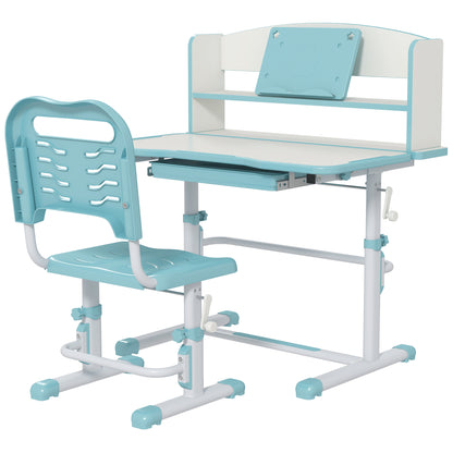 ZONEKIZ Children's Desk with Chair, Adjustable School Desk Set with Height-Adjustable Drawer and Inclining Surface, Age 6-12 Years, Blue
