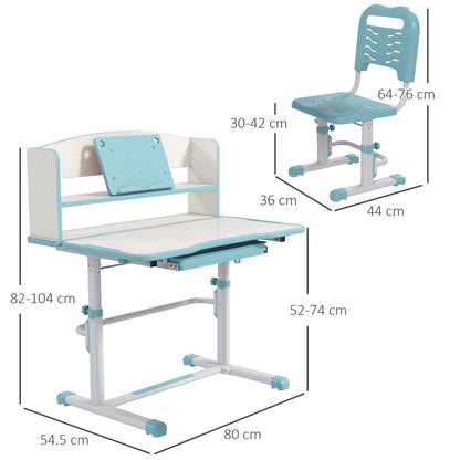 ZONEKIZ Children's Desk with Chair, Adjustable School Desk Set with Height-Adjustable Drawer and Inclining Surface, Age 6-12 Years, Blue