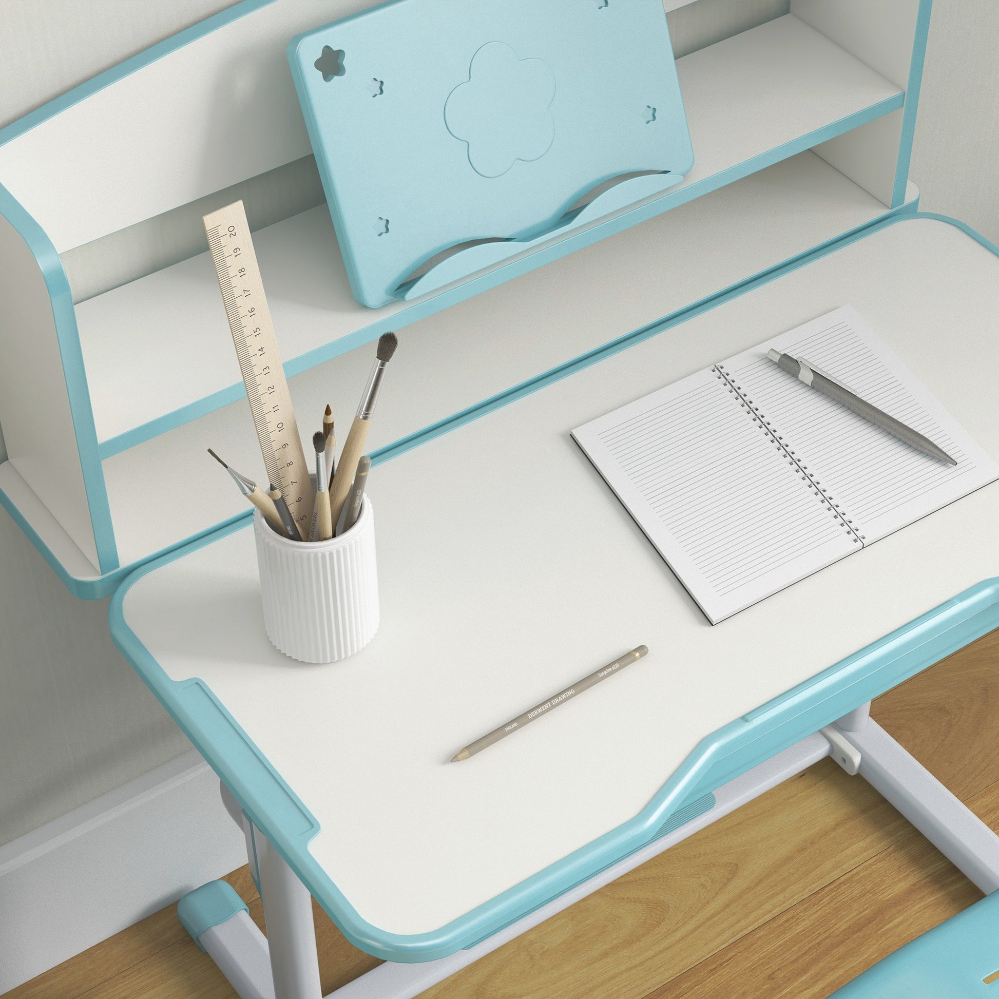 ZONEKIZ Children's Desk with Chair, Adjustable School Desk Set with Height-Adjustable Drawer and Inclining Surface, Age 6-12 Years, Blue