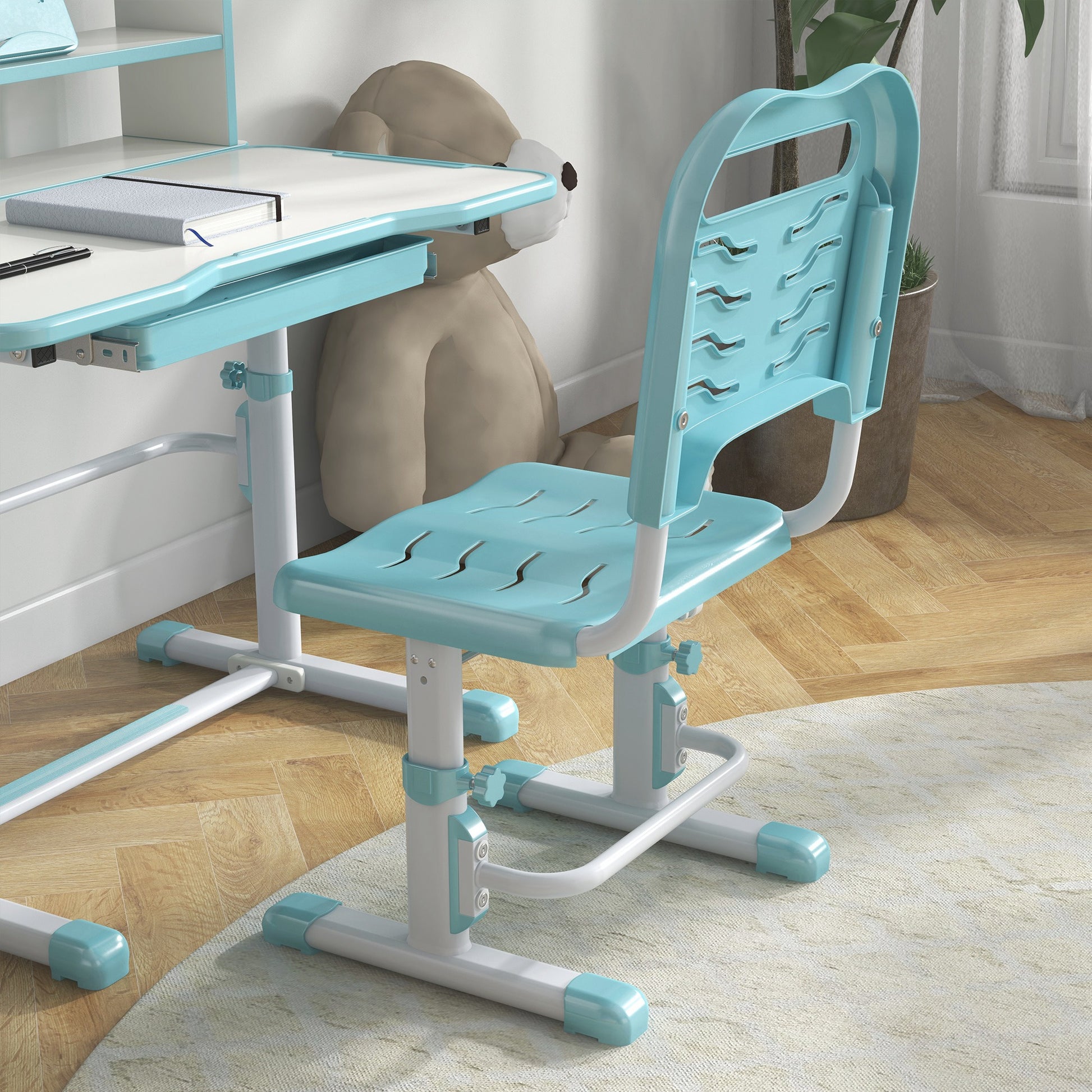 ZONEKIZ Children's Desk with Chair, Adjustable School Desk Set with Height-Adjustable Drawer and Inclining Surface, Age 6-12 Years, Blue