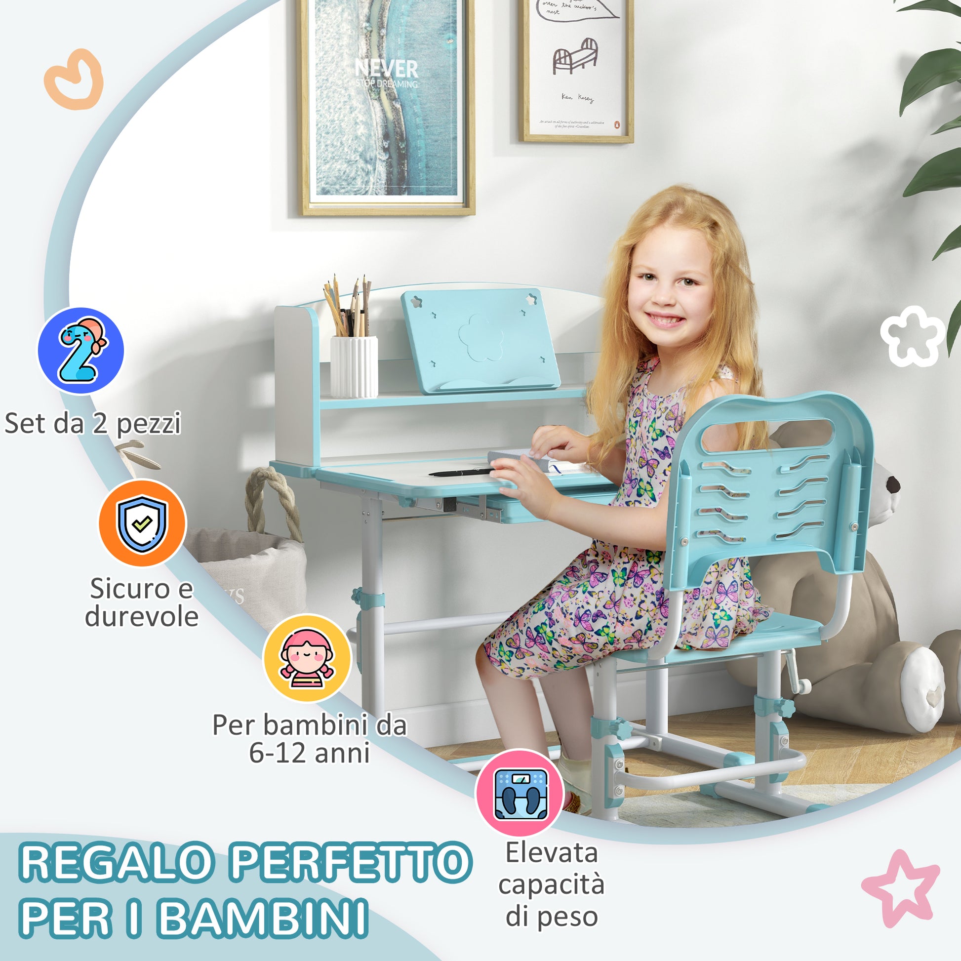 ZONEKIZ Children's Desk with Chair, Adjustable School Desk Set with Height-Adjustable Drawer and Inclining Surface, Age 6-12 Years, Blue