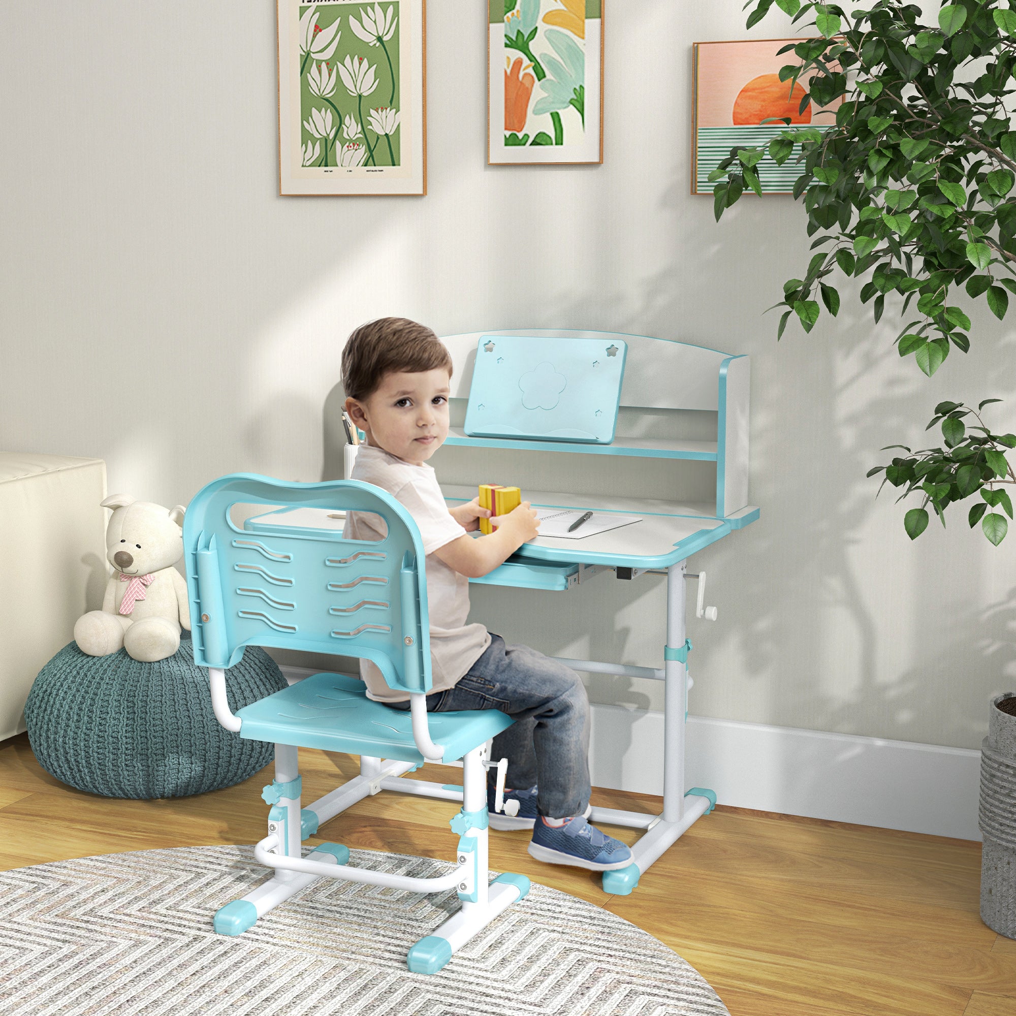 ZONEKIZ Children's Desk with Chair, Adjustable School Desk Set with Height-Adjustable Drawer and Inclining Surface, Age 6-12 Years, Blue