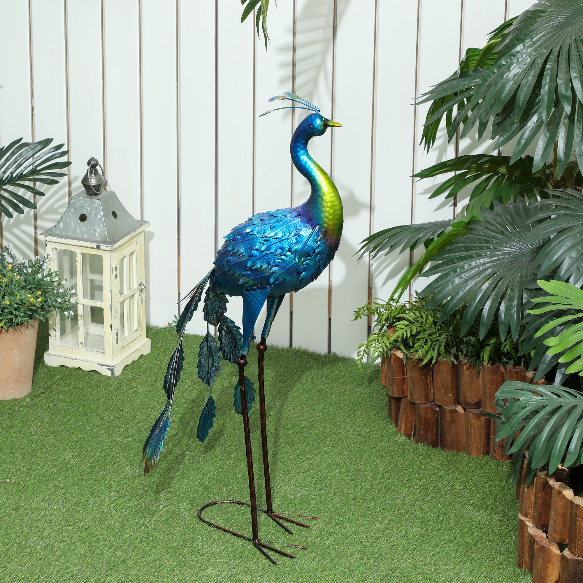 Metal Garden Peacock Statue, outdoor garden decoration, weather-resistant, for gardens, porches, terraces, 83H cm, multicolored