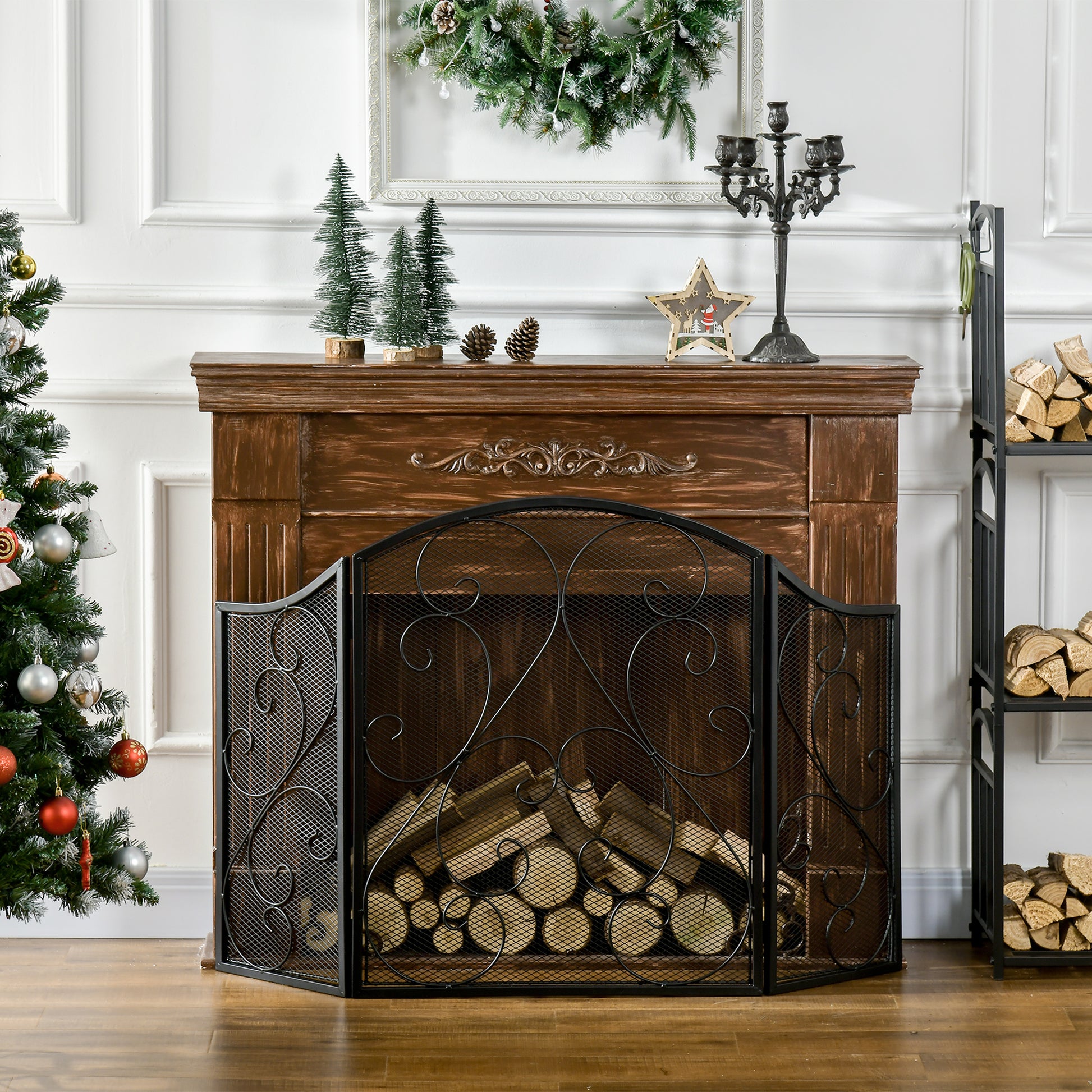 Fireplace Screen, Foldable Fire Guard with 3 Panels, Spark Protection Screen in Vintage Design for Living Room, Metal, Black 66 x 31 x 81 cm