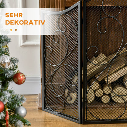 Fireplace Screen, Foldable Fire Guard with 3 Panels, Spark Protection Screen in Vintage Design for Living Room, Metal, Black 66 x 31 x 81 cm