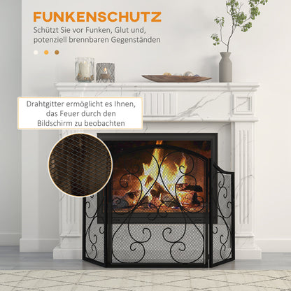 Fireplace Screen, Foldable Fire Guard with 3 Panels, Spark Protection Screen in Vintage Design for Living Room, Metal, Black 66 x 31 x 81 cm